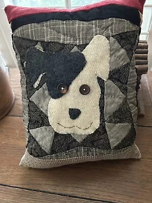 Primitive Stitchery Dog Pillow On Vintage Patchwork • $16.95