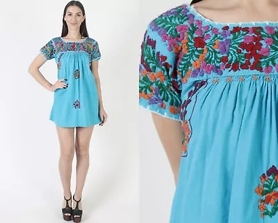 Traditional Cotton Oaxacan Mini Dress Hand Embroidered San Antonio Mexican • $79.80