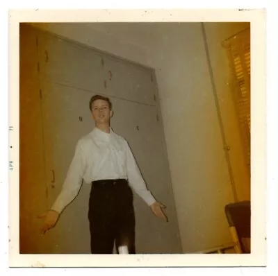 Man Wearing White Shirt Hands Open Unusual Pose Scene Vintage Snapshot Photo • $7.50