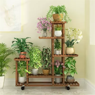 6 Tier Rolling Plant Stand Solid Wood Bonsai Display Shelf For Indoor Outdoor • $36.90