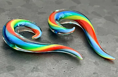 PAIR Rainbow Glass Spiral Hanging Tapers Expanders Plugs Gauges Body Jewelry  • $19.95