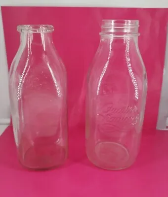 OLD QUART SIZE MILK BOTTLE AND JUICE BOTTLE 9  Tall Lot Of 2 Clear Glass • $18