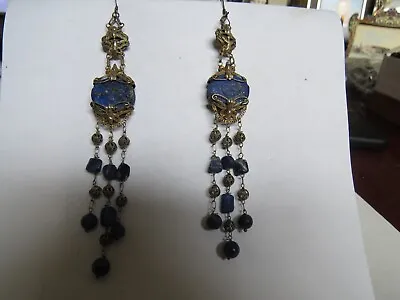 Fine Antique Qing Dynasty Chinese Filigree Silver Carved Lapis Lazuli Earrings • $735