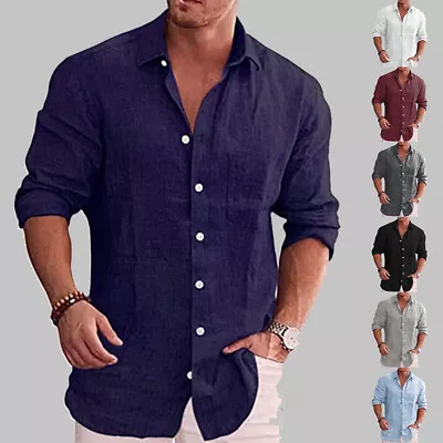 Mens Long Sleeve V Neck Button Down Collar T Shirt Causal Loose Blouse Tops Tee • $20.32