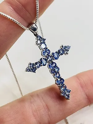Silver And Tanzanites Cross With Silver Chain Never Worn • £24.99