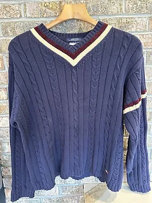 Vintage Tommy Hilfiger Cricket Sweater Mens Large Navy Blue V Neck Cable Knit • $44.99