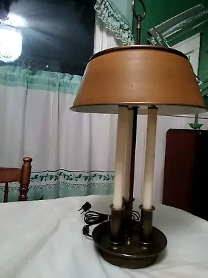 Mid Century Stately 3 Piller Gold Metal Shade Table Stand Electric Lamp Light • $85