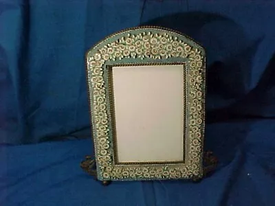 1900s ART NOUVEAU Era BRASS + MICRO MOSAIC Easel Back PICTURE FRAME W FLOWERS • $102.50