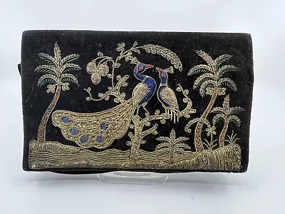 Vintage Black Velvet & BEADED PEACOCK Zardozi Clutch Bag • $25