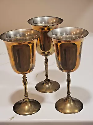 VTG Set 3 Solid Brass India Long Stemmed Wine Goblets Touch Elegance Charm • $19.99