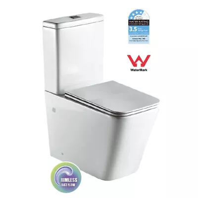 Back To Wall Cube Design Rimless Toilet Suite Ceramic S&P Trap Soft Close Seat • $385