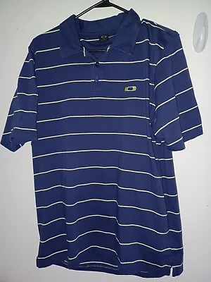 Oakley Mens Golf Polo Shirt Navy Blue Gold Stripe Short Sleeve Buttons Logo L • $13