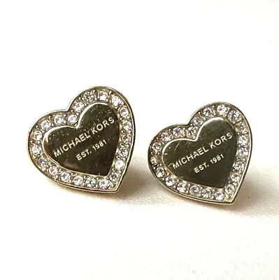 NEW MK MICHAEL KORS Gold Tone Pave Crystals Heart Love Studs Earrings Gift Pouch • $40