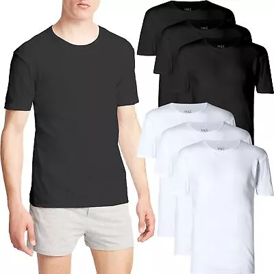 M&S 3 Pack Pure Cotton Crew Neck Vest T Shirt Marks & Spencer Lycra Stretch Top • £10.99