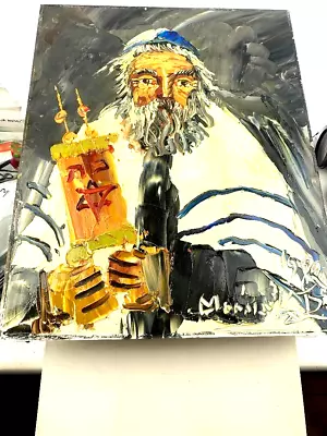 Morris Katz Signed Amazing Original Oil Painting 1989  Rabbi Lifting The Torah  • $385