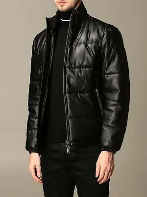 Black Puffer Leather Jacket Synthetic Padding For Men Bubble Leather Jacket • $248