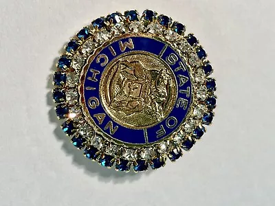 Big Vintage Iconic Michigan Gold Blue Clear Rhinestone Brooch • $19