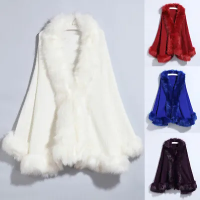 Ladies Cloak Coat Tops Outwear Cape Collar Shawl Winter Cardigan Faux Fox Fur • £22.98
