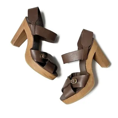 A DETACHER Wood Heel Slingback Sandal Brown Leather 9 • $99