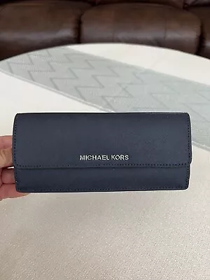 Michael Kors Jet Set Travel Flat Wallet Saffiano Leather Navy/Steel Blue • $63