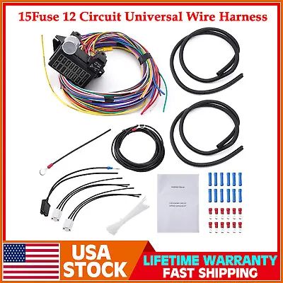 Universal 15 Fuse 12 Circuit Wire Harness Street Hot Rod Classic Cars Hot Rod US • $49.99