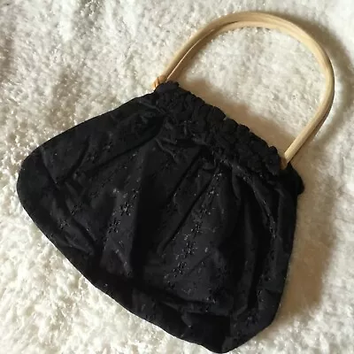 £7.99 • Buy Vintage Black Embroidered Lace Bag With Wooden Handles Flower Butterfly Print