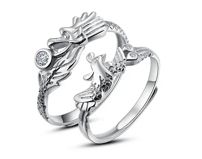 $27.98 • Buy 925 Sterling Silver Couple Dragon And Phoenix Ring Promise Adjustable Open Ring 