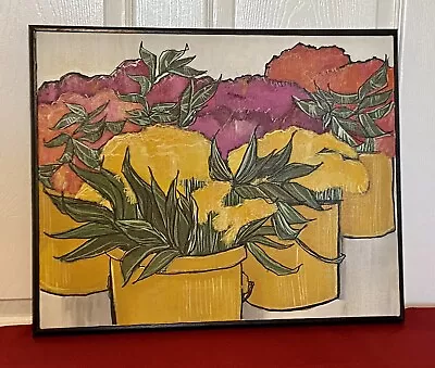 VTG 70’s Canvas Black Framed Painting-Colorful Flower Pots Still Life-20” X 16” • $59.95