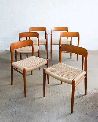 Set Of 4 Mid Century Danish Paper Cord + Teak Dining Chairs By Moller Model 75 • £2200