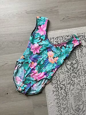 Vintage 1980s 90s Neon Floral One-Piece Swimsuit Medium USA Stretchy Tropical • $24.99