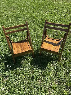 Wooden Chair  Maple 21” Childs Flat-Folding Deck Chair W/Slatted Seat Pair Of 2 • $299.99