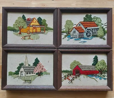 Vintage Embroidered Framed Farmhouse Country Scenes Set Of 4 • $29.50