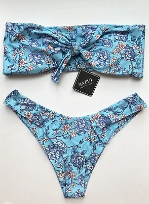Zaful Blue Floral Padded Strapless Top & Bottoms Swimwear Bikini Set BNWT - 12 • £14