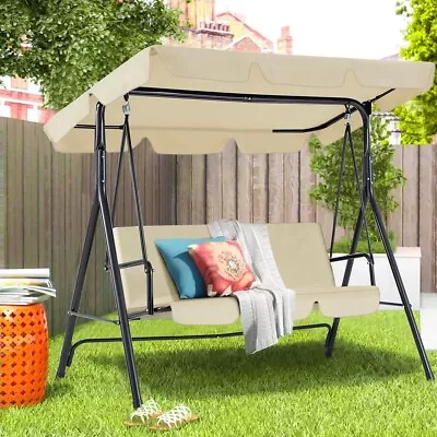 3-Seat Swing Chair Garden Swing Seat With Adjustable Canopy For Patio Beige • £79.99