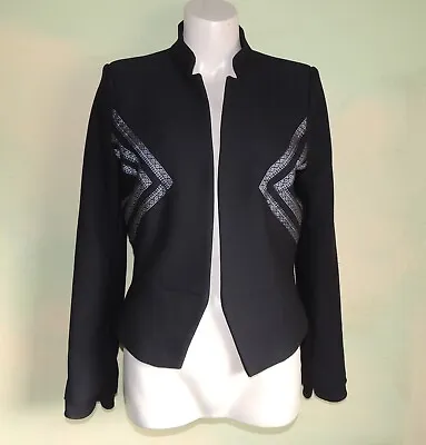 Black Crop Jacket Suit Soft Knit Zara Trafaluc Embroidered Trim Morocco Ethnic • $10
