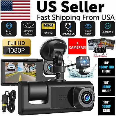 Car Dual Lens Dash Cam HD 1080P Front/Rear/Inside Video Recorder Camera G-Sensor • $29.99