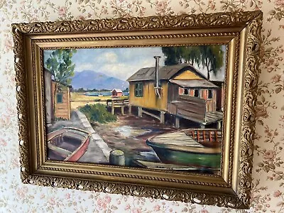 M. Martinez Vintage Large Framed Oil Painting “Alameda Boat-House” • $475