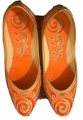 Indian Shoes 8  Flats Traditional Slip On Handmade India Gold Embroidery Orange • $24