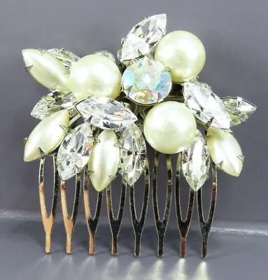 VTG HAIR DECORATION COMB Upcycled FAUX PEARLS & RHINESTONE Navettes SILVER TONE • $5.60