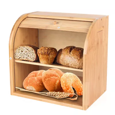 2-Layer Bread Box Bread Keeper Bamboo Wood With Lid Kitchen Storage Containers • $42.75