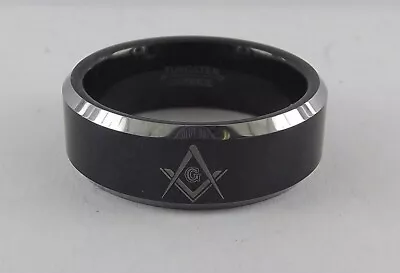 New Tungsten Carbide Black Masonic Square & Compass Mason Band Ring SIZE 10 • $29.95