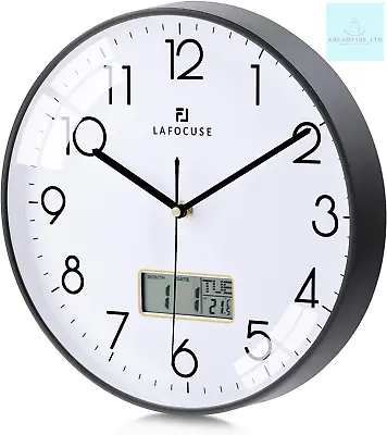Lafocuse Silent Kitchen Wall Clock With Date And Day TemperatureBlack Wall For • £21.48
