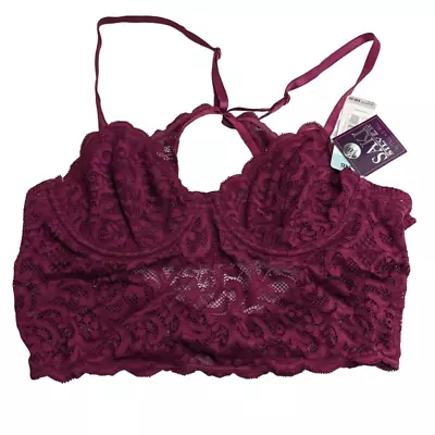 SAKI Silver Burgundy Lace Push-up Halter Neck Keyhole Bralette Size 34B • £25.31