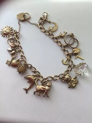 9ct 375 Gold Charm Bracelet With 14 Assorted 9ct Charms Heart Lock Clasp & Chain • £450