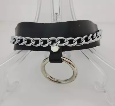 Choker Collar Goth Punk Emo Rock 80s 90s Silver Metal O Ring Black Leather • $20