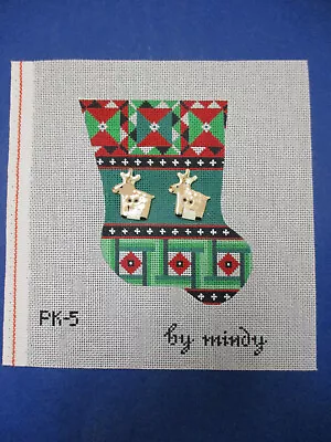 Mindy Handpainted Needlepoint Canvas Miniature Stocking W/ Reindeer Buttons • $34