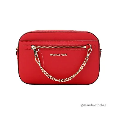 Michael Kors Jet Set Large East West Bright Red Leather Zip Chain Crossbody Bag • $74