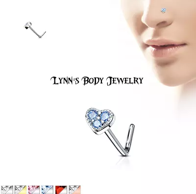 CZ Paved Heart Stud * 20g 316L Surgical Steel L Shape Nose Ring (Select Color) • $6.25