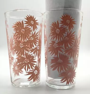 Vintage Libbey Pink Dahlia Floral 12oz  Drinking Glasses Tumblers Set Of 2 • $13