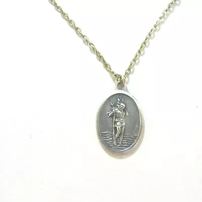 Vintage Catholic St Christopher Pray For Us Silver Tone Medal Pendant Necklace • $18.39